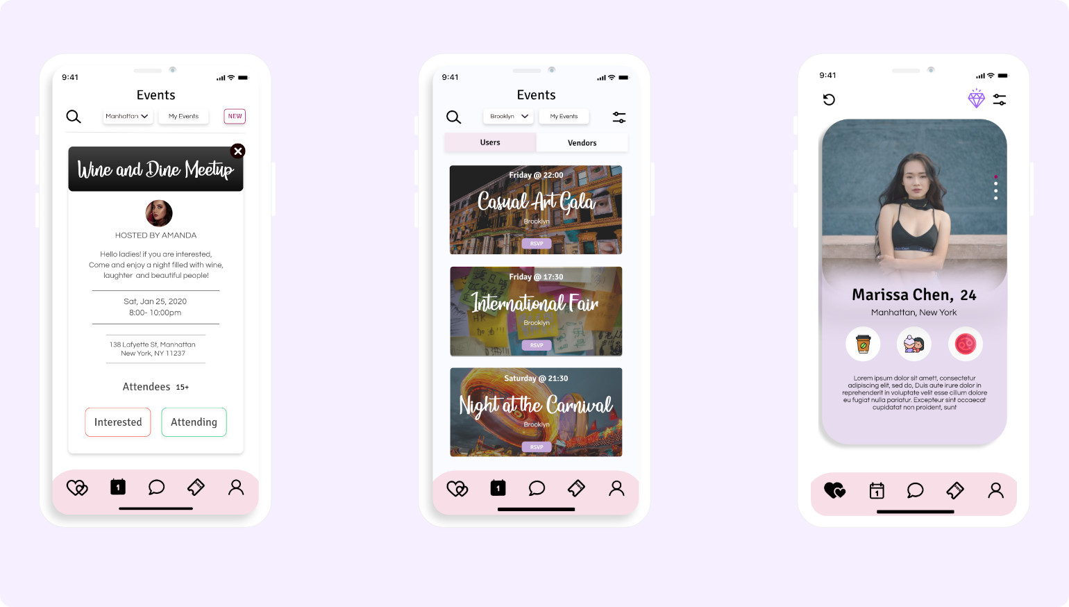 Graphical Mockup of LetzB on three iPhone Xs. First screen is showcasing the Wine and Dine Meetup, hosted by Amanda. Second screen shows a list of other events. Third image shows Marissa Chan, aged 24, and her dating information.