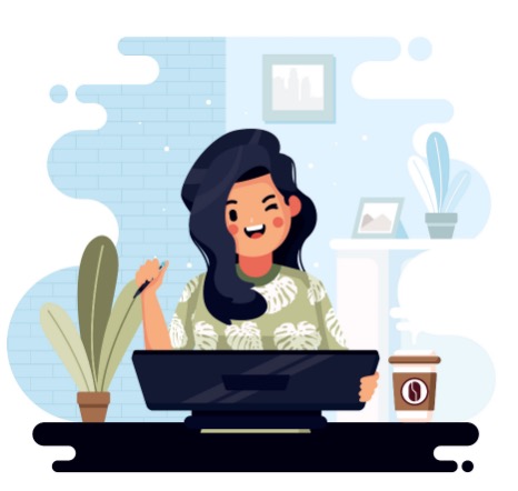 Graphical depiction of a female in her place of residence, using a touch screen computer. Also in the graphic is a cup of coffee and a plant.