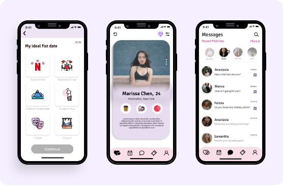 Graphical Mockup of LetzB on three iPhone Xs. First screen is for 'My Ideal First Date' where one will choose characteristics of their ideal first date. Second screen shows a sample person, including their picture, name, age and bio. Third image is of the messages section which includes images, names and content.