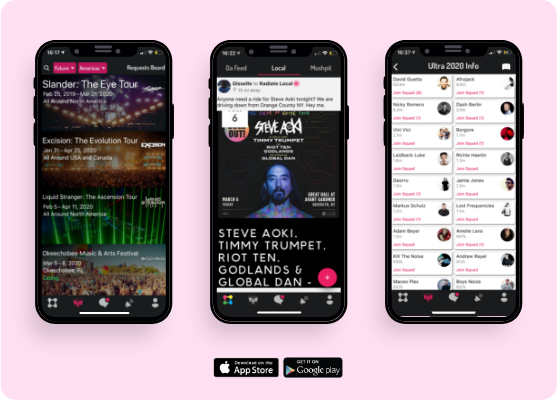 Graphical Mockup of Radiate on three iPhone Xs. First screen is showcasing a list of events. Second screen shows event information. Third image is a list of other people attending the event. Also included are the App Store and Google Play logos.