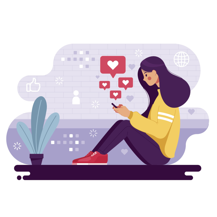 Graphical depiction of girl sitting on the floor, on her phone. Hearts are being emitted from it.