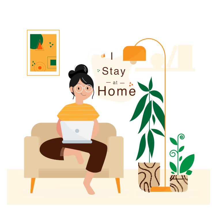 Graphical depiction of a female person sitting on her couch at home, on a laptop. Art in the background says 'I Stay at Home'