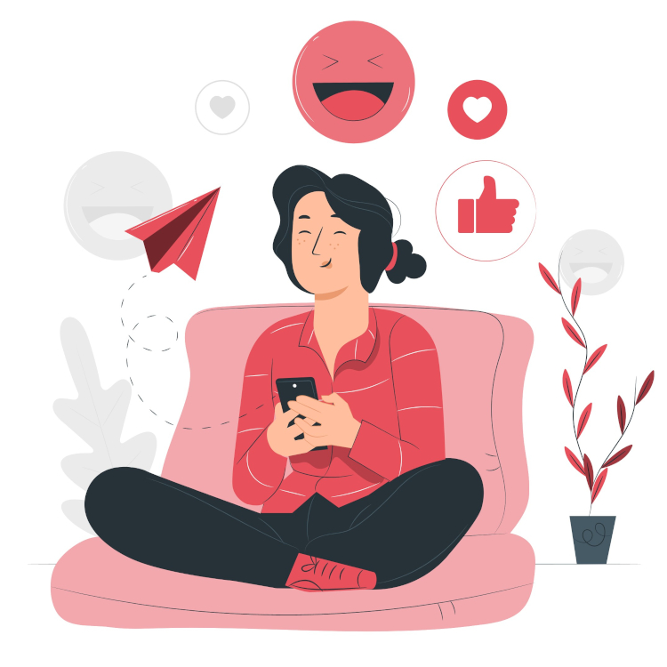 Graphical depiction of happy girl sitting on a couch, while holding her phone. Icons indicating sent message, thumbs up, love and happy face are surrounding the girl.