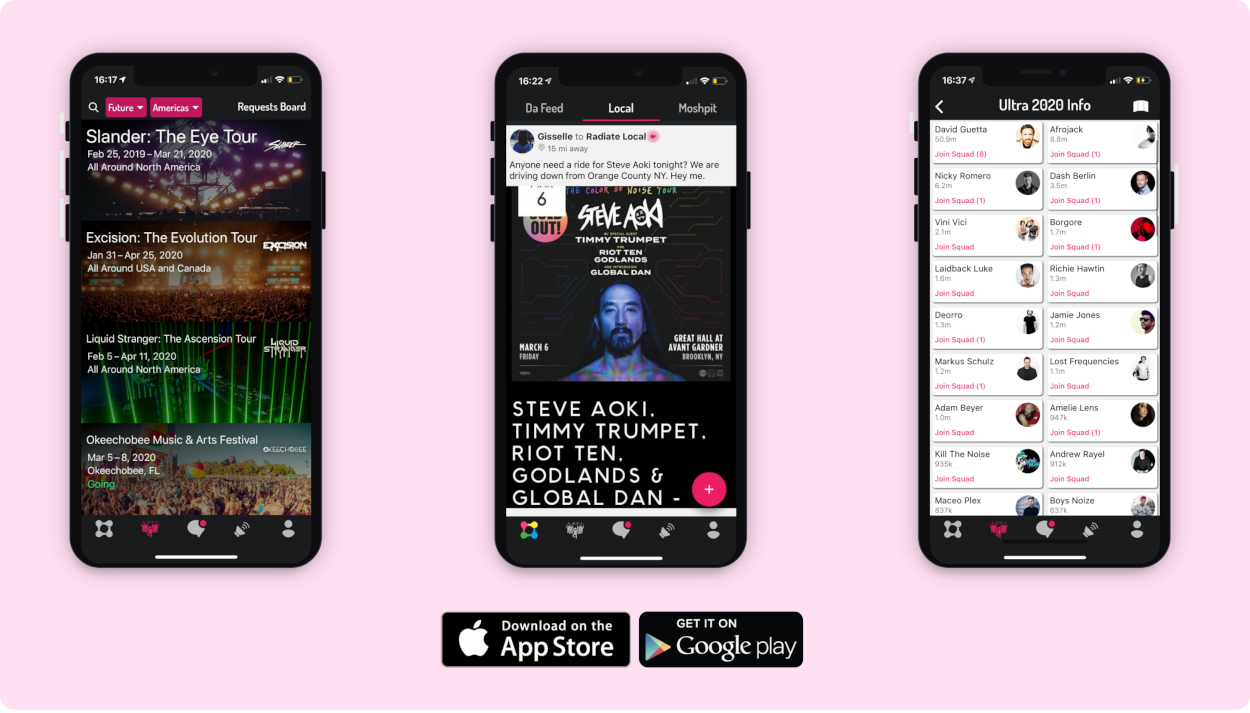 Graphical Mockup of Radiate on three iPhone Xs. First screen is showcasing a list of events. Second screen shows event information. Third image is a list of other people attending the event. Also included are the App Store and Google Play logos.