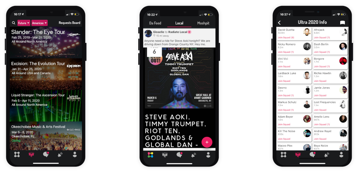 Graphical Mockup of Radiate on three iPhone Xs. First screen is showcasing a list of events. Second screen shows event information. Third image is a list of other people attending the event.